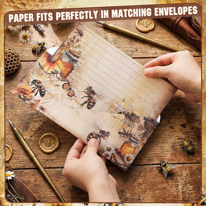 TaoBary 160 Pcs Stationery Paper Set 50 Double Sided Stationery Paper with 50 Matching Envelope and 60 Round Dot Sticker, 10 Design (Vintage Bee Floral Butterfly,8.5 x 11 Inch)