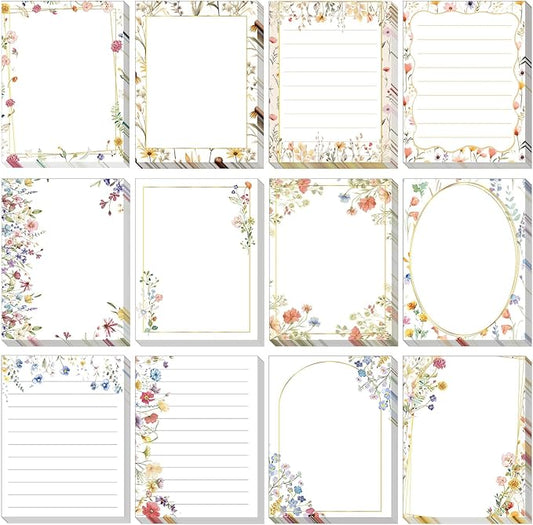 12 Pads Wildflower Sticky Notes Flower Sticky Notes 3 x 4 Inches Colored Adhesive Memo Reminder Decor Vintage Wild Floral Memo Pads Flower Notepads for Journal Office Birthday Gifts