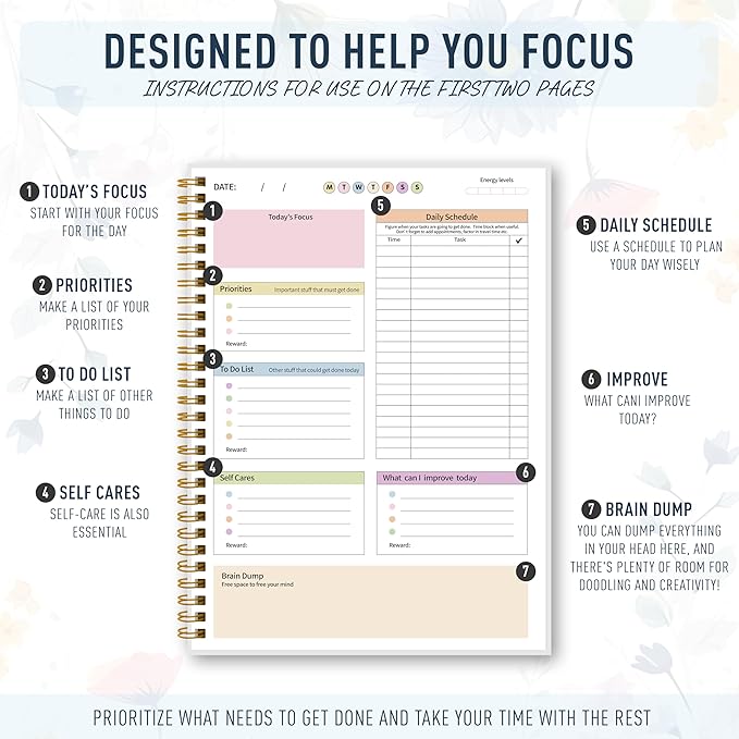 ADHD Daily Planner - Productivity & Undated Task Management Organizer for Neurodivergent Adults, Focused Planner for Men & Women - B5 Colorful Flowers