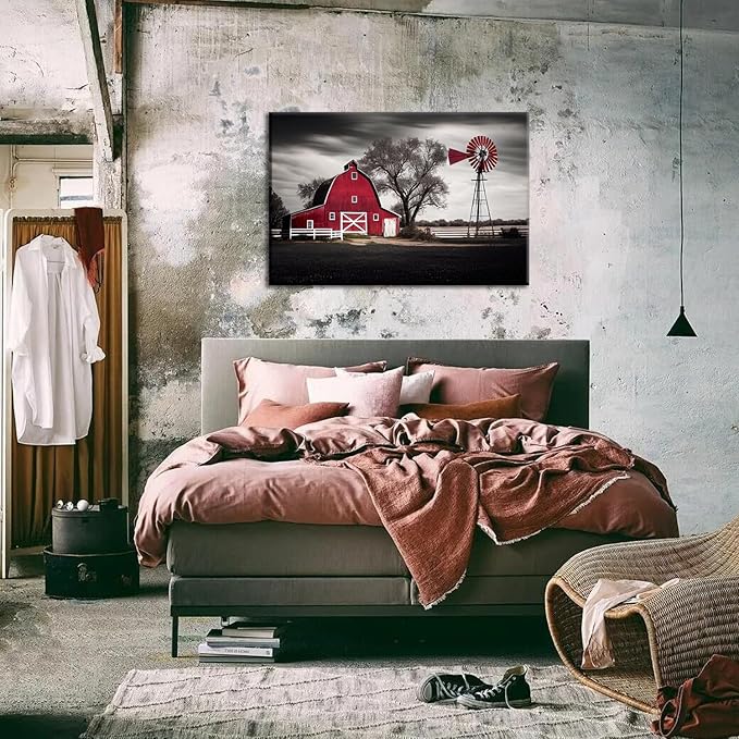 Country Wall Art Large Farmhouse Old Red Barn Canvas Picture Wood Artwork for Home Rustic Farm Scene Windmill Painting Bedroom Living Room Black and White Nature Country Landscape Wall Decor 24x36"