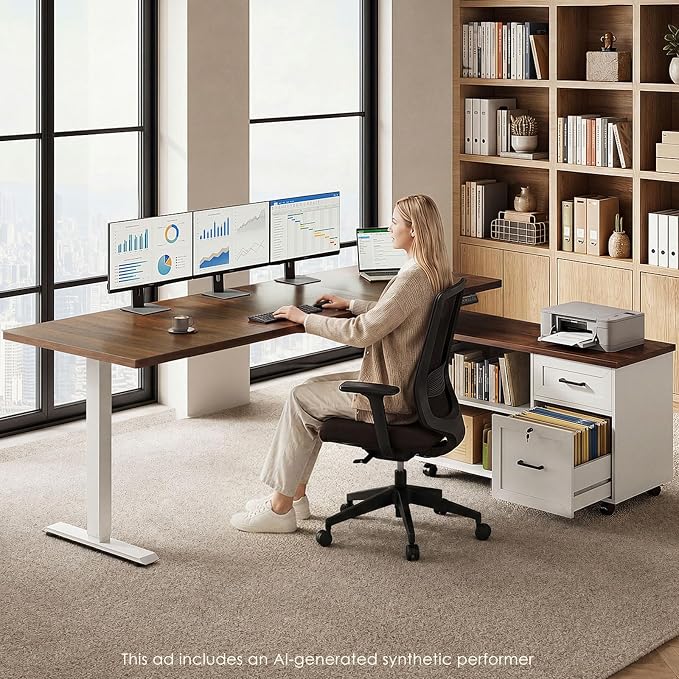 OffiGo 71" L Shaped Electric Standing Desk with File Cabinet, Walnut/White | Mobile Drawers & File Cabinet for Flexible Layout, Height Adjustable Executive Stand Up Desk for Home Office Workstation