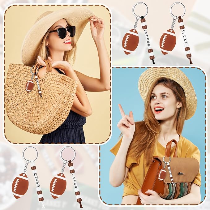 Suncalla 984 Pcs 24 Set Football Keychain Making Kit DIY Football Bag Tag Sport Key Chain Crafts Adjustable Letter Beads Cards Strings Kit Team Gift Accessories Party Favors for Adult(White Brown)