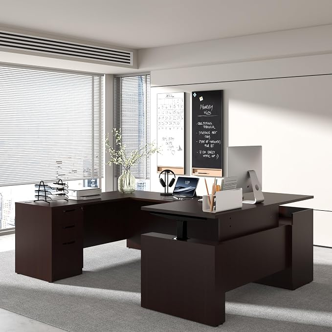 100.4'' U Shaped Executive Standing Desk with Pre-Assembled Frame & Lockable Cabinets, Height Adjustable Desk Dual-Motor Sit-Stand Workstation for Corporate & Home Office (Espresso-U)