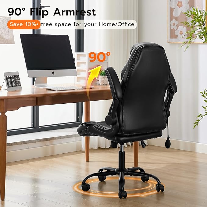 Ylzyxal Office Desk Chair, Ergonomic Computer Chair with Padded Flip-Up Arms and Adjustable Lumbar Support, PU Leather Executive Chair with Tilt Lock and 360° Swivel Rolling Wheels for Work, Study