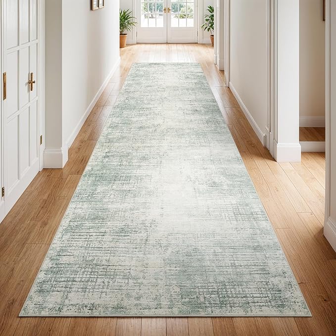 3x10 Hallway Washable Runner Rug - Non-Slip Kitchen Rugs with Rubber Backing Abstract Neutral Low-Pile Carpet Runners for Laundry Room Home Decor Bedroom Bathroom Entryway (Green,3x10)