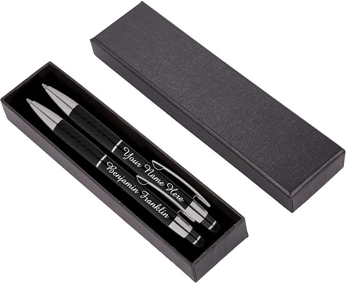 ExpressDesigns™ - Personalized Pens Gift Set - 2 Pack of Metal Pens w/gift box - Luxury Ballpoint Pen Custom Engraved with Name, Logo or Message for Executive, Business or Personal use (Black-Black)