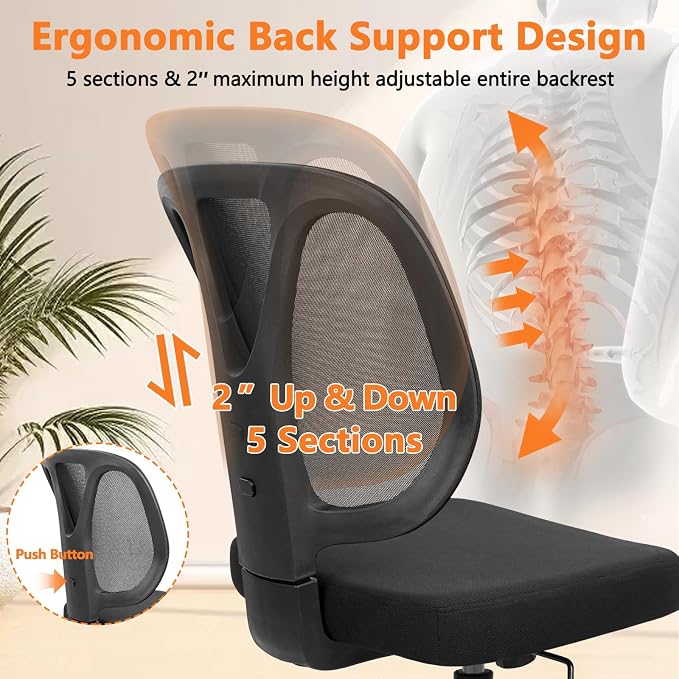 CLATINA Armless Home Office Chair, 360° Swivel Rolling Desk Chair with Lumbar Support and Wheels, Adjustable Height Mesh Back Small Ergonomic Computer Task Chair for Conference Waiting, Black(6 Pack)