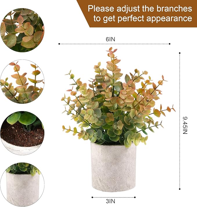 2 Pack Small Fake Plants Eucalyptus Potted Artificial Plants for Shelf Desk Home Bathroom Farmhouse Room Coffee Table Decor Fall Decor (Yellow)