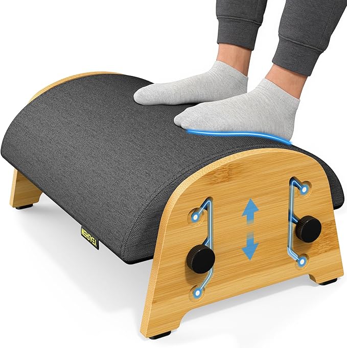 Ergonomic Foot Rest Under Desk at Work, Bamboo Wood Adjustable Foot Stool Under Desk with 6 Positions, Office Footrests with Memory Foam, Leg Rest Used for Car, Home, PC Gaming Accessories