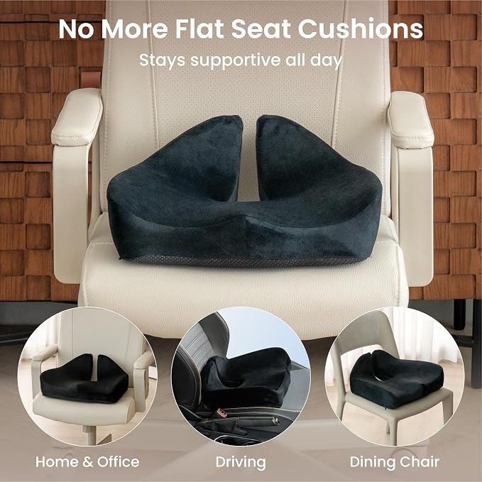 Alcedo Seat Cushion for Office Chair, Ergonomic Memory Foam Seat Cushion for Car Seat, Tailbone Pain Relief Cushion for Long Sitting, Non-Slip, Breathable & Washable Cover