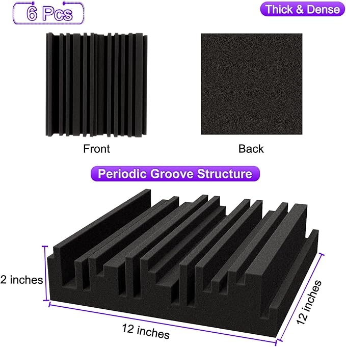 TroyStudio Thick Acoustic Foam Panels, 12 X 12 X 2 Inches 6 Pcs Broadband Sound Absorbing Foam, Dense Soundproof Padding Tile, Recording Studio Foam Absorber, Groove Decorative 3D Wall Ceiling Panel