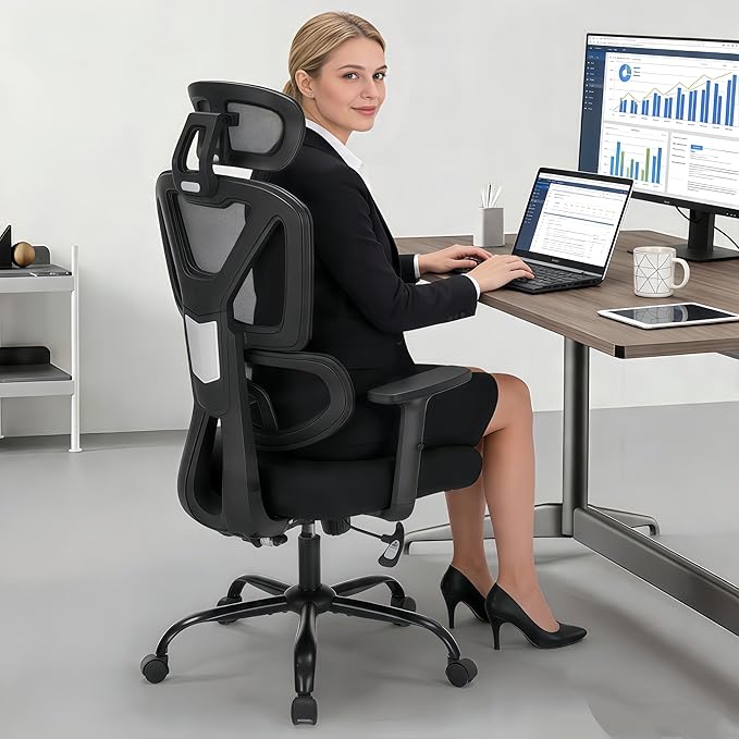 Ergonomic Office Chair Mesh HighBack Adjustable Headrest Arm Lumbar Support | Adjustable Height & Armrests, Lumbar Support Swivel Task Chair, 350LBS Executive Computer Chair for Home Office Study Meeting