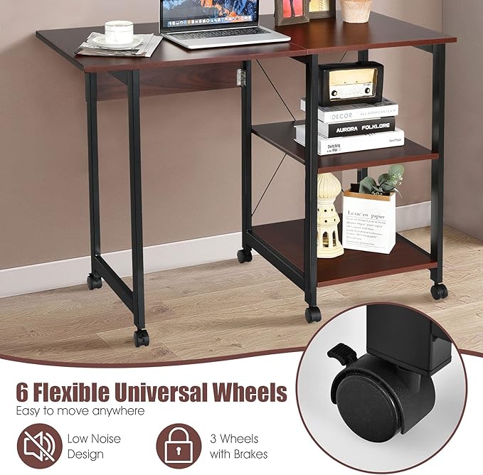 Tangkula Mobile Folding Computer Desk, Modern Writing Desk w/ 2-Tier Storage Shelves, PC Laptop Study Desk Workstation w/ 6 Wheels, Space Saving Compact Home Office Desk for Small Apartment (Brown)