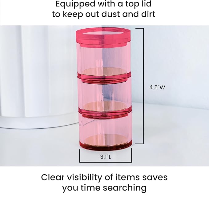 3-Tier Stackable Acrylic Holder- Stylish Desk Organizer and Storage for Office or Home – Transparent Round Design, Pink with Silver Metal Base