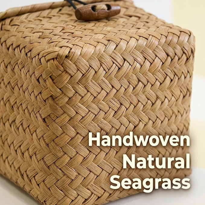 Mini Seagrass Basket with Lid, Square Handwoven Wicker Storage Bins, Key Holder, Jewelry, Hair Ties, Candy Organizer for Shelf, Entryway, Desk, Home Decor, 3.94x3.94x3.15 inch