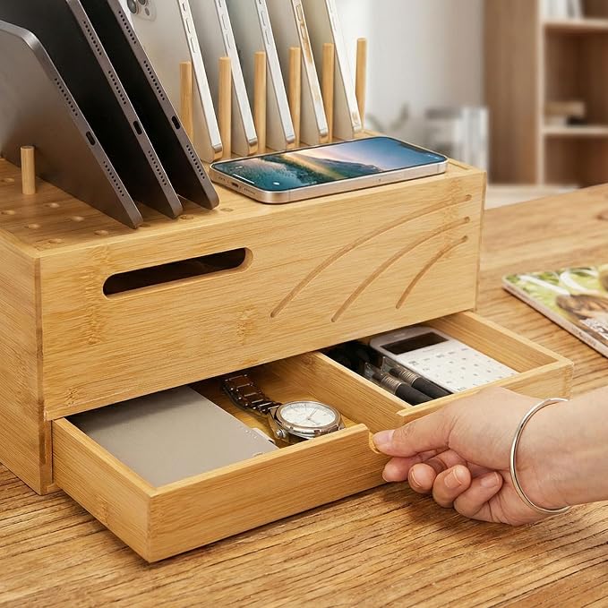 Homde Office Charging Station Organizer: 2 Layer Charger Holder (Natural) | Bamboo Electronic Docking Stand for Multiple Devices Tablets Phones - Drawer for Home
