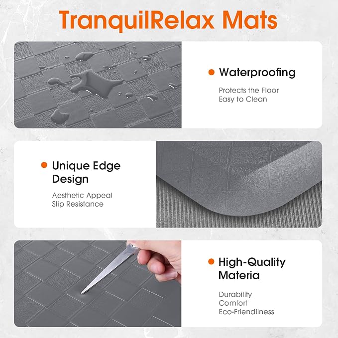 TranquilRelax 4/5 Inch Thick 2-Piece Anti-Fatigue Kitchen Mats, Cushioned Non-Slip Waterproof Sink & Stove Floor Mats, Comfortable Standing Rug Set for Kitchen, Laundry & Entryway, Grey