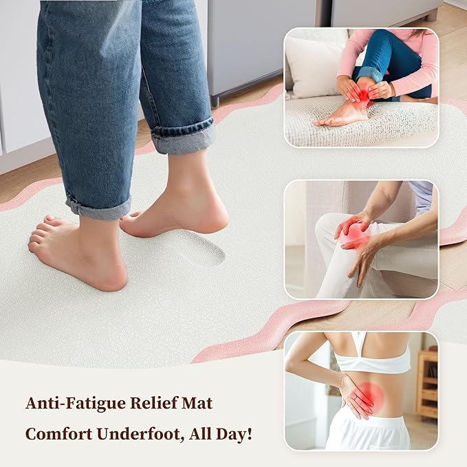 Scalloped Pink Kitchen Mats Rugs Sets of 2 Cushioned Anti Fatigue Floor Mat Waterproof Kitchen Rugs Non Slip Foam Comfort Standing Mat for Sink Laundry