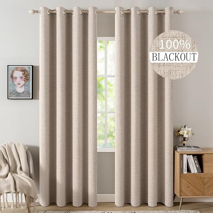 MIULEE 90 Inches Linen Textured Curtains for Bedroom 100% Blackout Thermal Insulated Natural Beige Grommet Room Darkening Curtains & Drapes Luxury Decor for Living Room 52 x 90 Inch (2 Panels)
