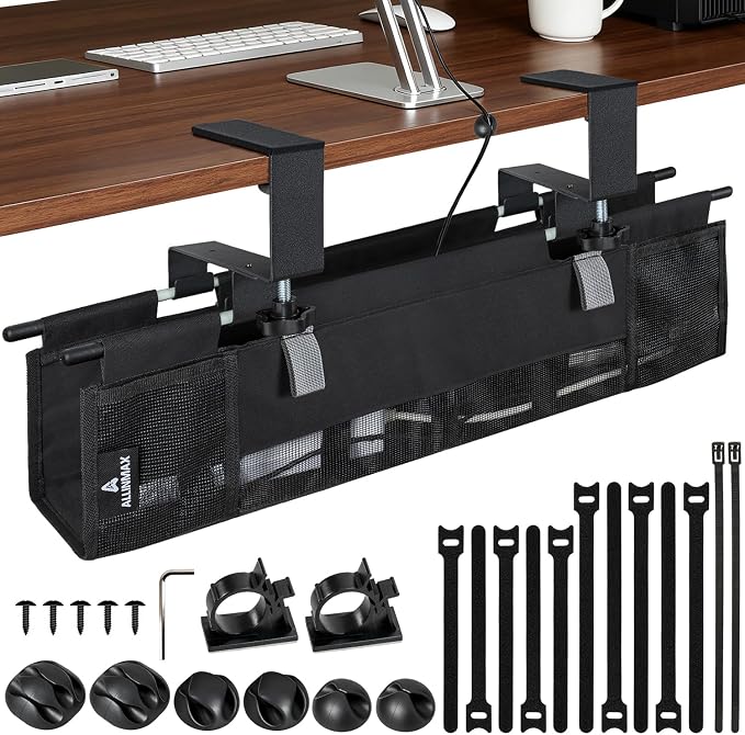 Fabric Under Desk Cable Organizer - Cord Organizer for Desk with 20-Piece Cable Management Kit, Easy Clamp or Screw Mount for Standing Desk Cable Management, Mesh Ventilation Slot