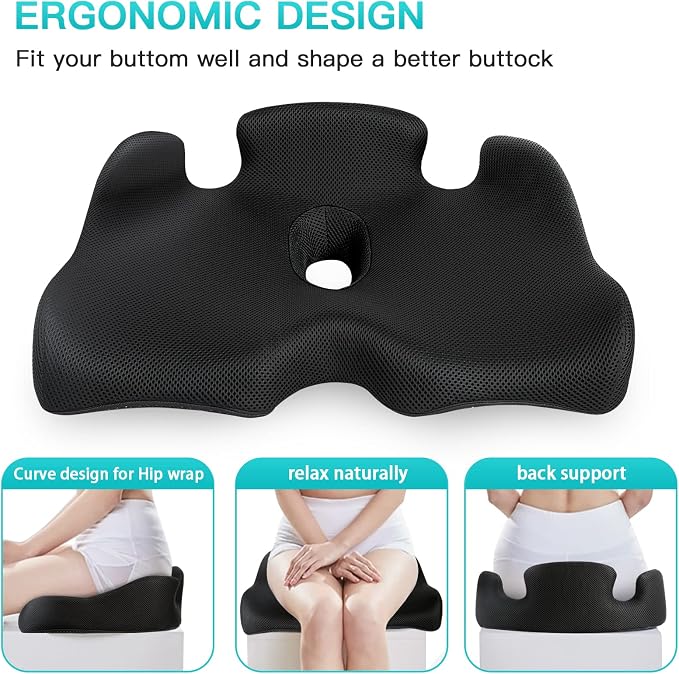 Benazcap Standard Memory Seat Cushion, Sciatica Pain Relief, Black | Ergonomic design, Office Chair, Memory Foam Firm for Car, Wheelchair, Gaming Chair and Desk Chair
