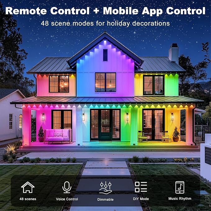 RCUICA 200FT Permanent Outdoor Lights Waterproof with Smart App Control Remote,DIY Scene Modes,Music Sync hronization,Eaves Lights for Garden Decor,Deck,Christmas