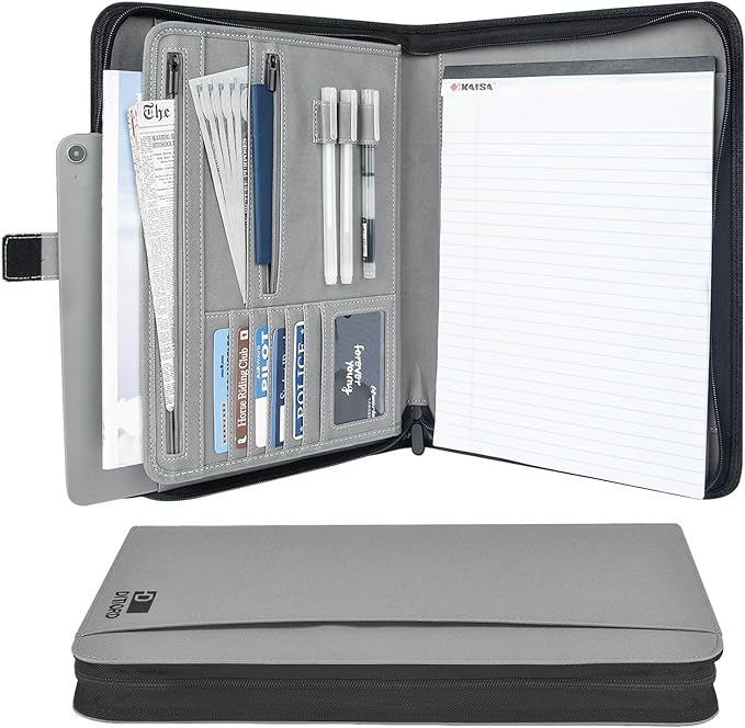 Premium Vegan Leather Portfolio Organizer Business Folder - Zippered Padfolio with Zipper Closure Pad Holder Compatible with Legal Pads 8.5 x 11 Inch for Women & Men (Gray)