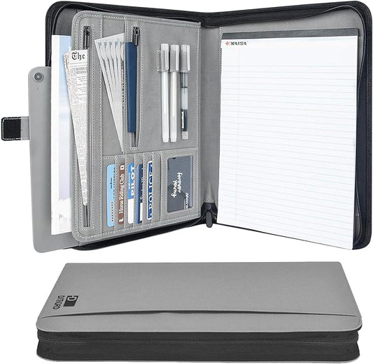 Premium Vegan Leather Portfolio Organizer Business Folder - Zippered Padfolio with Zipper Closure Pad Holder Compatible with Legal Pads 8.5 x 11 Inch for Women & Men (Gray)
