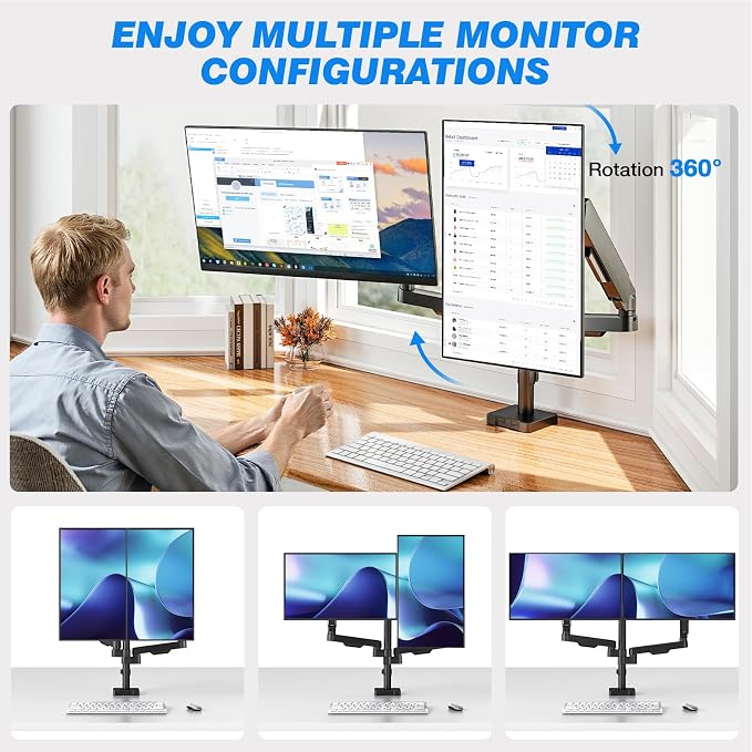 Rfiver Dual Monitor Stand Desk Mount for 17-34" Screens Holds up to 22lbs | Full Motion Height Adjustable, Tilt/Swivel, 360 Rotation VESA 75/100mm, Compatible C-clamp/Grommet Base Install