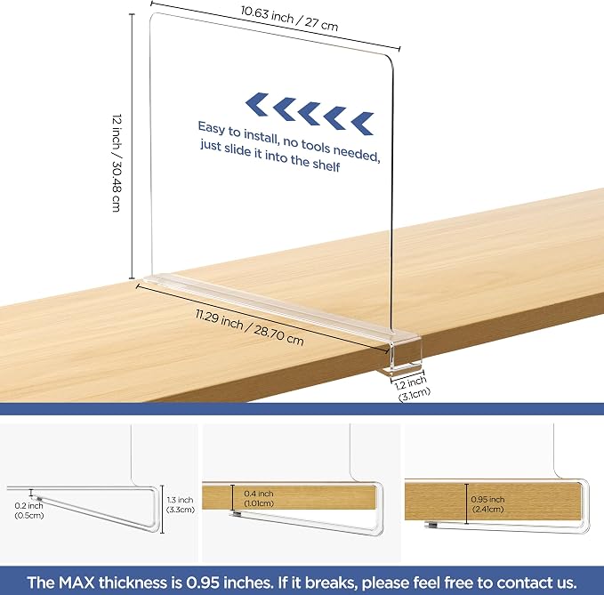 HBlife 𝟭𝟮 𝗜𝗻𝗰𝗵𝗲𝘀 𝗧𝗮𝗹𝗹 [𝗘𝘅𝘁𝗿𝗮 𝗧𝗮𝗹𝗹 𝗩𝗲𝗿𝘀𝗶𝗼𝗻] Clear Shelf Dividers, 2 Pack Purse Organizer for Closet Perfect for Sweater, Shirts, Handbags, Acrylic Bookshelf for Organization