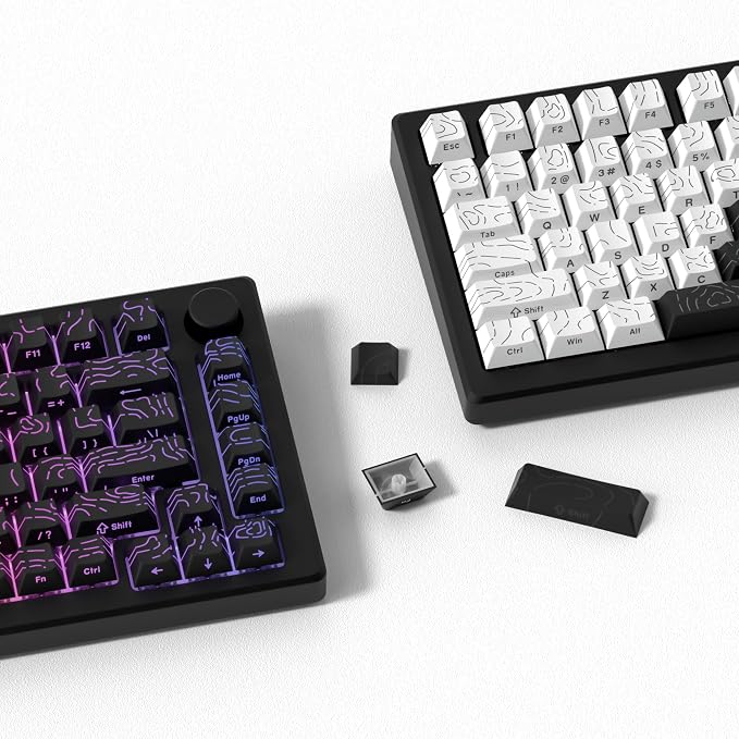dagaladoo Double Shot PBT keycap Set,White and Black Topographic Keyboard keycaps 60 75 100 Percent,Shine Through Custom keycap Lines Backlit,Cherry Profile Key caps for US Layout Mechanical Keyboard