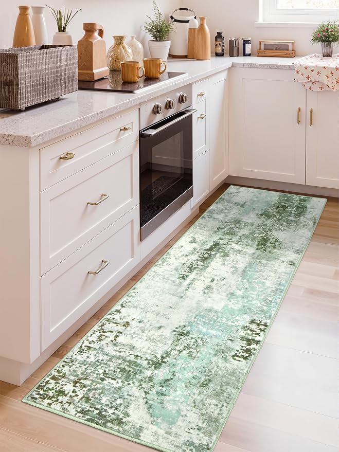 Macgace Washable Abstract Runner Rug, 2x6 Modern Area Rugs with Non-Slip Rubber Backed for Kitchen, Thin but Soft Contemporary Carpet Bedroom Entryway Hallway Decor, Green