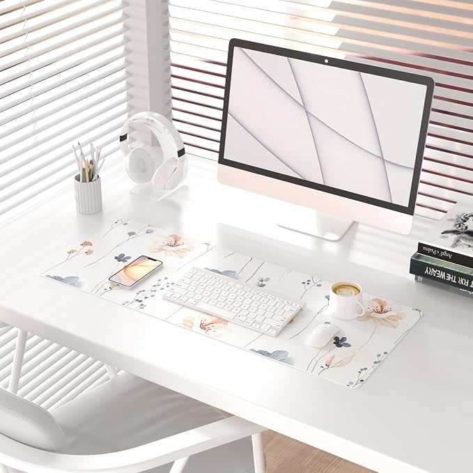 QIYI Large Mouse Pad, Floral Desk Mat for Desktop, Women Girls PU Leather Waterproof Gaming Mousepad, Computer Laptop Flower Desk Accessories Protector Writing Pad for School Office Home 31.5" x 11.8"