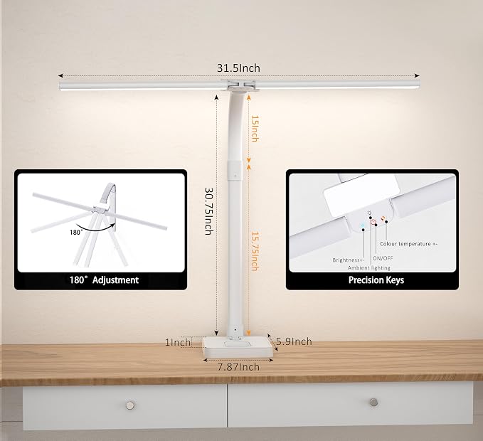 Double Head LED Desk Lamp, Architect Desk Lamps for Home Office, 24W Brightest Workbench Office Lighting-5 Color Modes and 5 Dimmable Eye Protection Modern Desk Lamp (White-Desktop, Big)