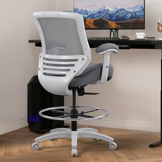 400lbs Office Drafting Chair Wide Dual Seat Cushion Height Adjustable Armrest for High Standing Desk with Lumbar Support and Enlarged Adjustable Footrest (Light Gray Frame Light Gray Fabric)