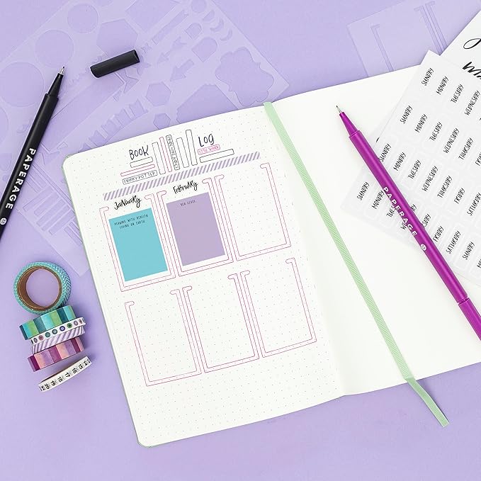 PAPERAGE Bullet Style Journal Kit, Dotted Journaling Set & Stationary Kit, Hardcover Dotted Journal Notebook (Lavender), 12 Fineliner Pens, 8 Sticker & 4 Stencil Sheets, 6 Washi Tapes