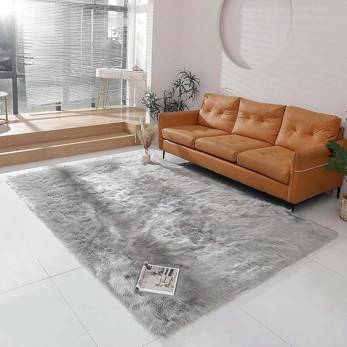 linmopm Faux Fur Rug Sheepskin Shag Fluffy Fuzzy 6x9 ft Grey Rugs for Bedroom Bedside Bed Floor Living Room Plush Rectangle High-Density Cushion Carpet Super Sofa Cover