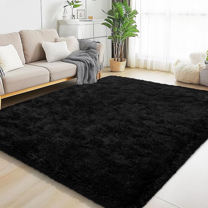 Black Area Rugs for Living Room, 5x7 Fluffy Shaggy Rug Soft Carpets, Rugs for Bedroom Nursery Kids Room Dorm Home Decor Aesthetic