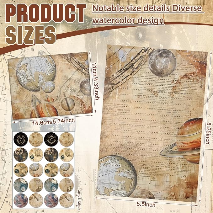 TaoBary 160 Pcs Stationery Paper Set 50 Double Sided Stationery Papers with 50 Matching Envelopes and 60 Round Dot Sticker, 10 Design(Space Spoon,5.5 x 8.25 Inch)