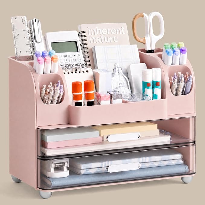 HBlife Desk Organizer with Pencil Pen Organizer for Desk, Pen Holder with 2 Drawers, Desk Organizers and Accessories with Compartments, Desktop Storage for Office Home School Art Supplies, Pink
