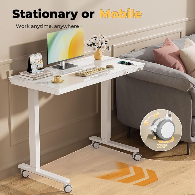 Glass Electric Standing Desk with Drawer, 40" x 20" Whole Piece Samll Sit Stand Table, Height Adjustable Desk with Storage & USB Ports, Quick Install Home Office Computer Desk, White