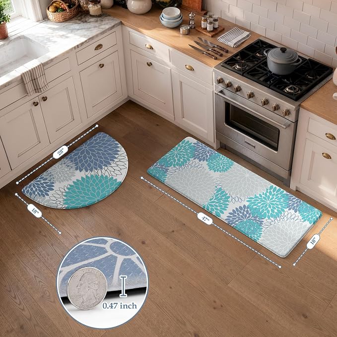 KIMODE Half Circle Anti Fatigue Mats for Kitchen Floor Rug Sets of 2 | 18"x28+18"x47",Blue White,Dahlia Floral Boho,Kitchen Rug 2pcs,Non Slip,Waterproof,for Sink Office Laundry Bathroom Decor