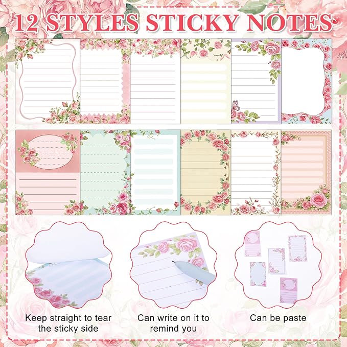Chiisong 12 Pcs Cute Sticky Notes for Women Gift Floral Sticky Notes Teacher to Do List Notepad Pretty Memo Pad Rose Flower Notepads for Plant Lover Wedding Gift Home Teacher Office Supplies