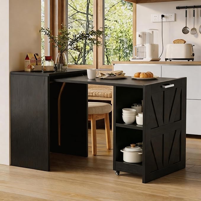 Foldable Desk with Charging Station, Rolling Computer Desk with Storage Shelf for Small Spaces, Pull-Out Home Office Table for Bedroom, Apartment, Dorm, Black