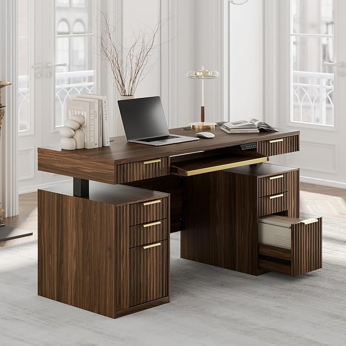 59 Inch Standing Desk with Storage Drawers, Executive Electric Height Adjustable Desk with Keyboard Tray, File Cabinet and AC/USB, Fluted Stand Up Desk with Privacy Panel, Black Walnut