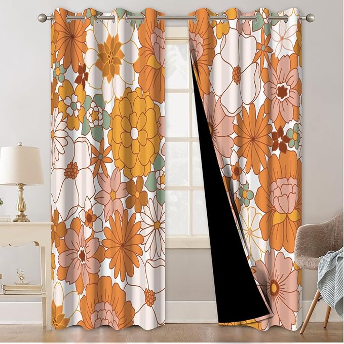 Boho Floral Blackout Curtains for Bedroom 84 inch Long 2 Panels Set, Bohemian Patterned Black Out Curtains for Living Room Farmhouse Grommet Heat Blocking Soundproof Room Darkening Window Drapes