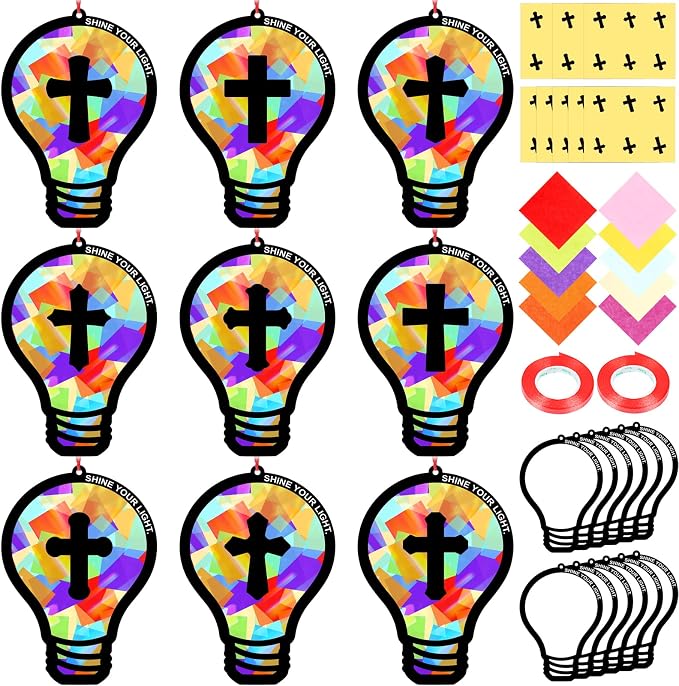 Renbuzhu 48PCS Sunday School VBS Crafts Bulk: Paper Lightbulb Cross Nativity Suncatchers, Jesus Religious Christian Activity DIY Kits Church Decorations, Window Stained Glass Effect Art Supplies