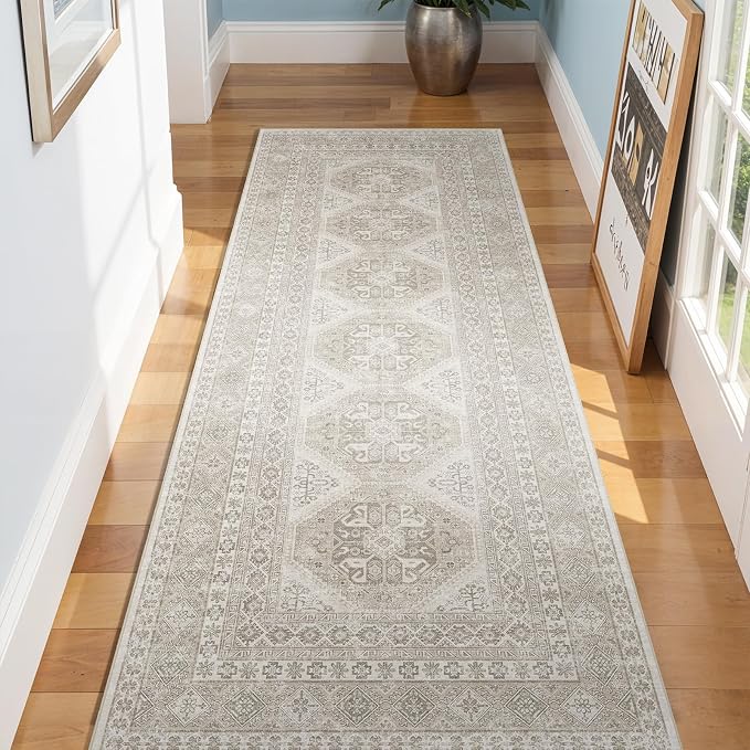 3x8 Runner Rug Kitchen Washable:Oriental Indoor Hallway Runners with Non Slip Backing Floor Mat for Entryway Door Low Pile Thin Carpet for Bedroom Bathroom Living Room Bedside (Beige, 3x8)