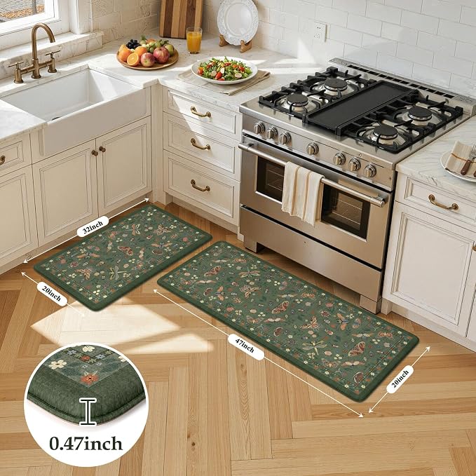 LEEVAN Anti Fatigue Mats for Kitchen Floor Non-Slip, Cushioned Kitchen Mats for Floor 20''x31''+20''x47'', Green Memory Foam Kitchen Mat Set