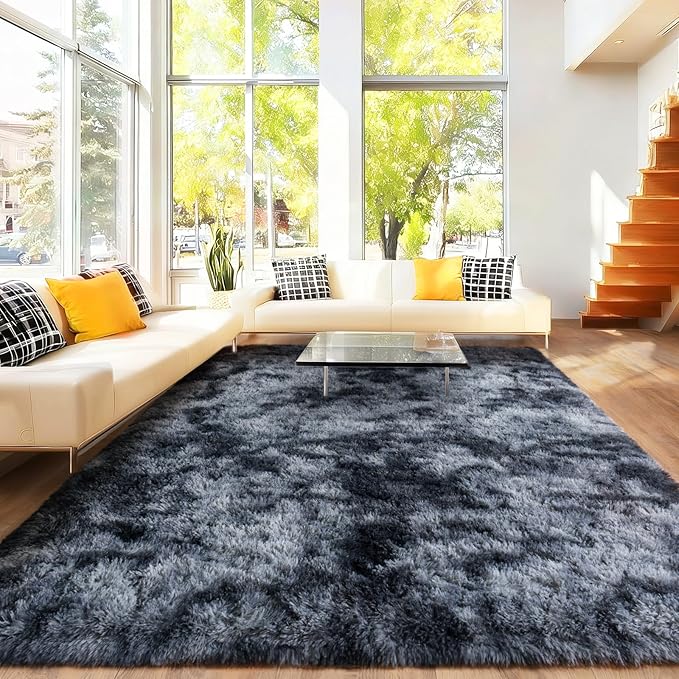 Area Rugs for Living Room Bedroom 9x12, Ultra Fluffy Shag Rug Modern Washable Carpet Soft Shaggy Non Slip Indoor Plush Fuzzy Rugs for Bedroom Dorm Office Home Aesthetic Decor, Tie-Dyed Blue Grey